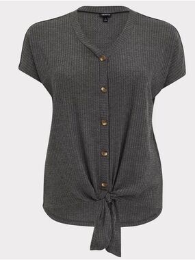 torrid Heather Grey Waffle Button-Front Tie-Front Top